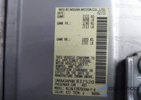 2011 Nissan Maxima 3.5 Sv z USA, uszkodzony, nr VIN 1N4AA5APXBC837520